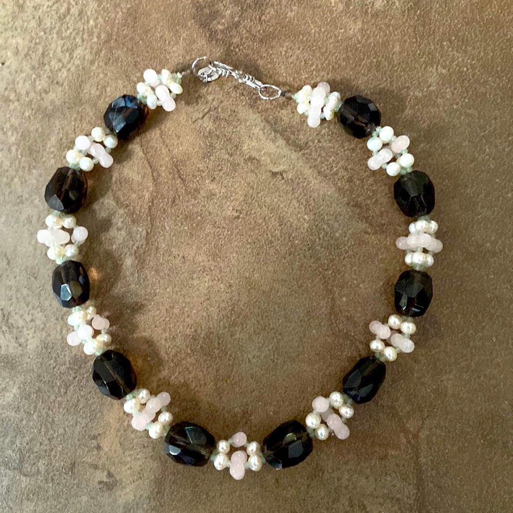 Genuine Gemstones Necklace Rose Quartz Pearls Smoky Topaz
